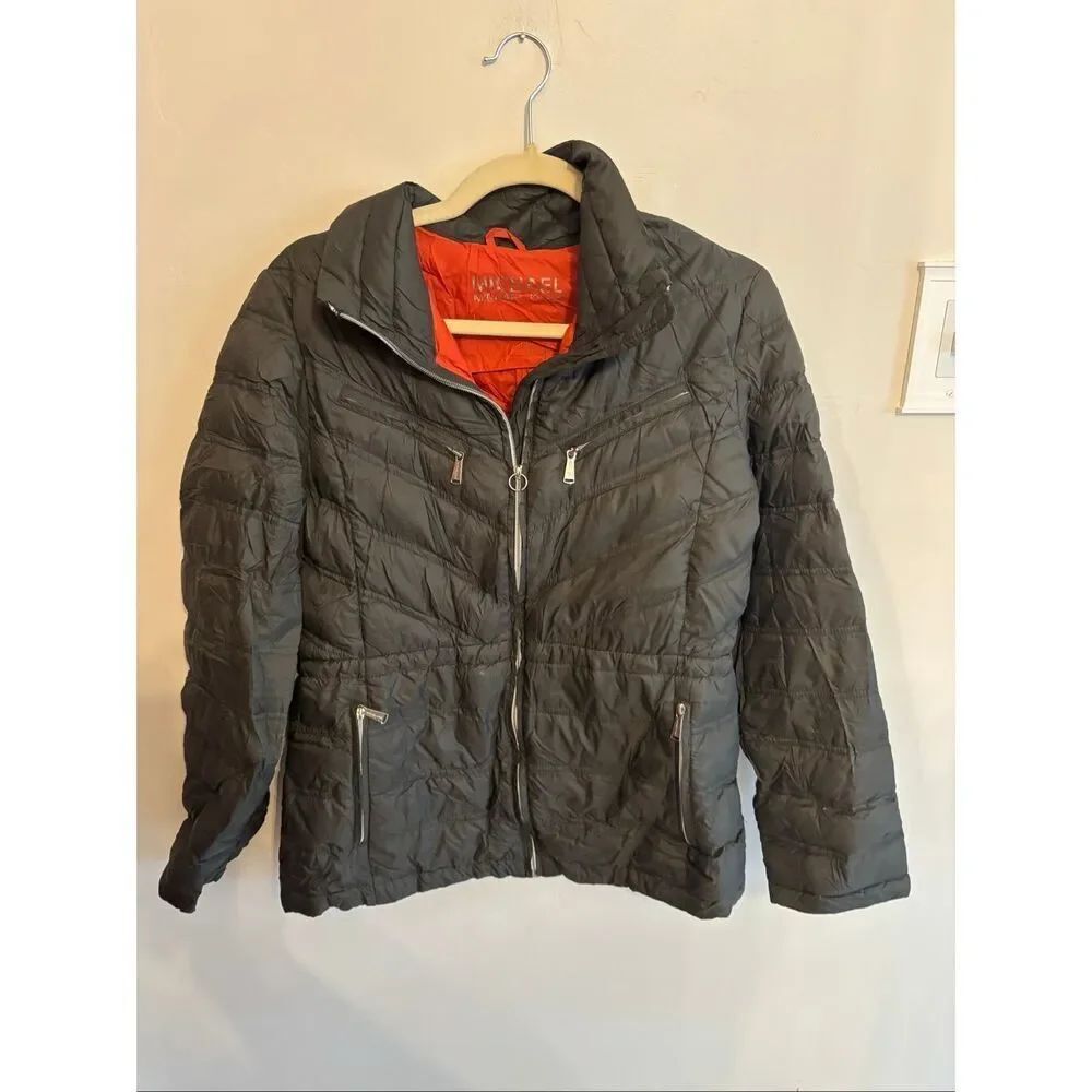 Michael Kors Women’s Puffer Jacket Size M Dark Green Orange Lined Adjustable Wai
